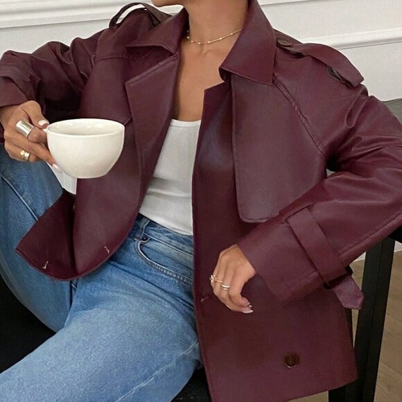 Burgundy Women's Double-Breasted Faux Leather cropped trench jacket coat - Picture 3 of 7